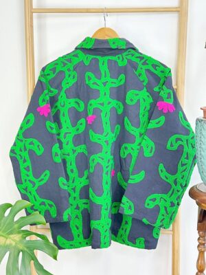 Suzani Hand Embroidered Unisex Bolero Short Artist Jacket Spring Boho Festival Special Love Gift | Quirky Black Green Pink Cactus Love Motif - Image 8