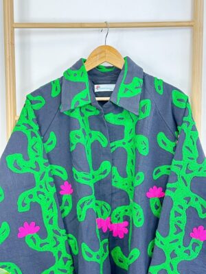 Suzani Hand Embroidered Unisex Bolero Short Artist Jacket Spring Boho Festival Special Love Gift | Quirky Black Green Pink Cactus Love Motif - Image 9
