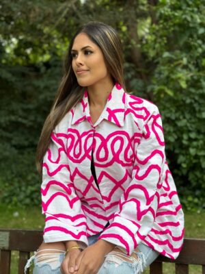 Suzani Hand Embroidered Unisex Bolero Short Artist Jacket Spring Boho Festival Yatch Special Love Gift | Quirky White Hot Pink Heartbeat - Image 10