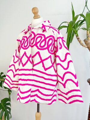 Suzani Hand Embroidered Unisex Bolero Short Artist Jacket Spring Boho Festival Yatch Special Love Gift | Quirky White Hot Pink Heartbeat - Image 5