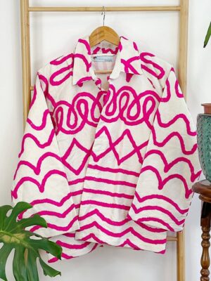 Suzani Hand Embroidered Unisex Bolero Short Artist Jacket Spring Boho Festival Yatch Special Love Gift | Quirky White Hot Pink Heartbeat - Image 6