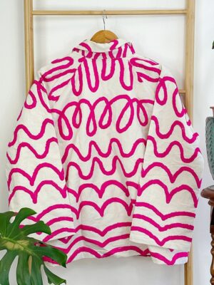 Suzani Hand Embroidered Unisex Bolero Short Artist Jacket Spring Boho Festival Yatch Special Love Gift | Quirky White Hot Pink Heartbeat - Image 7
