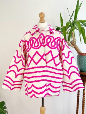 Suzani Hand Embroidered Unisex Bolero Short Artist Jacket Spring Boho Festival Yatch Special Love Gift | Quirky White Hot Pink Heartbeat - Image 9