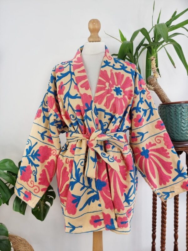 Suzani Hand Embroidered Short Jacket | Autumn Boho Uzbek Kashmir Crewel | Christmas Special Gift | Classic Beige Pink Blue Turquoise |