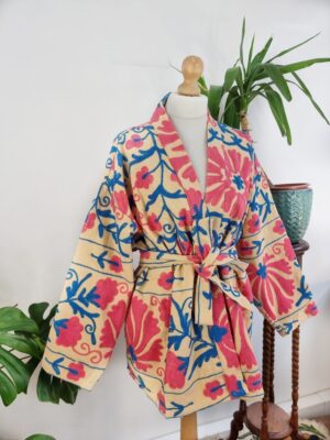 Suzani Hand Embroidered Short Jacket | Autumn Boho Uzbek Kashmir Crewel | Christmas Special Gift | Classic Beige Pink Blue Turquoise | - Image 2
