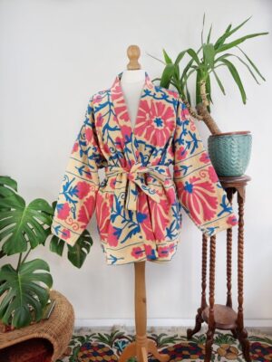 Suzani Hand Embroidered Short Jacket | Autumn Boho Uzbek Kashmir Crewel | Christmas Special Gift | Classic Beige Pink Blue Turquoise | - Image 3
