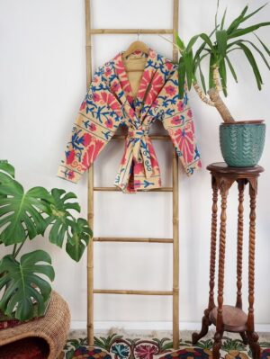 Suzani Hand Embroidered Short Jacket | Autumn Boho Uzbek Kashmir Crewel | Christmas Special Gift | Classic Beige Pink Blue Turquoise | - Image 4