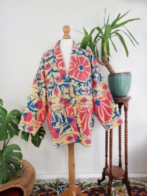 Suzani Hand Embroidered Short Jacket | Autumn Boho Uzbek Kashmir Crewel | Christmas Special Gift | Classic Beige Pink Blue Turquoise | - Image 6