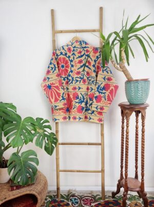 Suzani Hand Embroidered Short Jacket | Autumn Boho Uzbek Kashmir Crewel | Christmas Special Gift | Classic Beige Pink Blue Turquoise | - Image 7