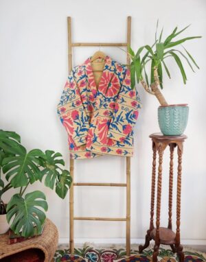 Suzani Hand Embroidered Short Jacket | Autumn Boho Uzbek Kashmir Crewel | Christmas Special Gift | Classic Beige Pink Blue Turquoise | - Image 8