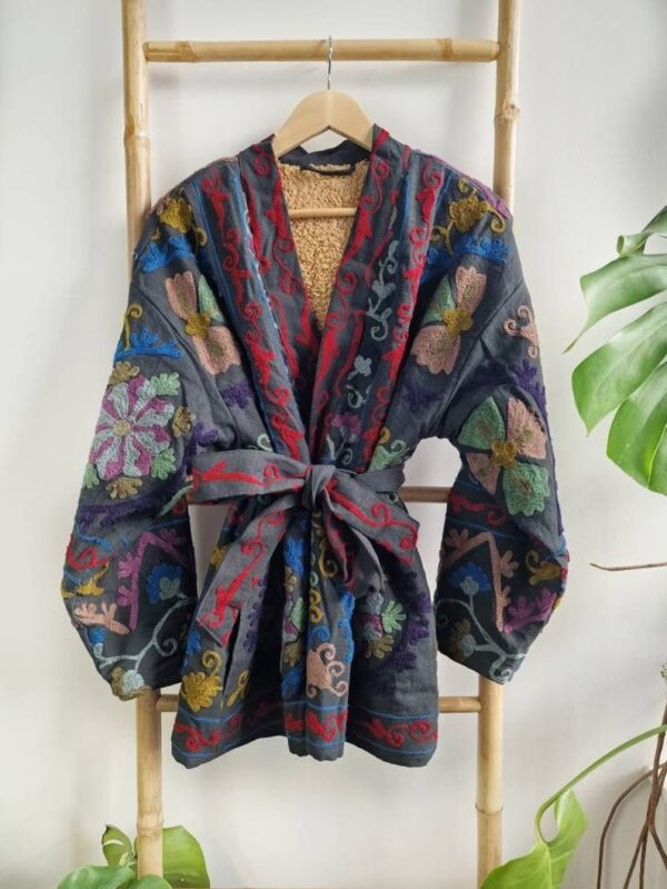 Suzani Hand Embroidered Short Jacket | Autumn Winter Boho Uzbek Kashmir Crewel | Christmas Special Gift | Classic Elegant Slated Matt Black