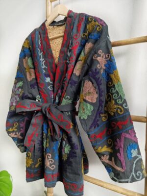Suzani Hand Embroidered Short Jacket | Autumn Winter Boho Uzbek Kashmir Crewel | Christmas Special Gift | Classic Elegant Slated Matt Black - Image 2