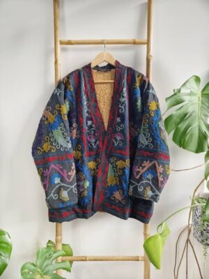 Suzani Hand Embroidered Short Jacket | Autumn Winter Boho Uzbek Kashmir Crewel | Christmas Special Gift | Classic Elegant Slated Matt Black - Image 3