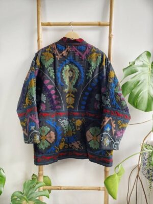Suzani Hand Embroidered Short Jacket | Autumn Winter Boho Uzbek Kashmir Crewel | Christmas Special Gift | Classic Elegant Slated Matt Black - Image 5