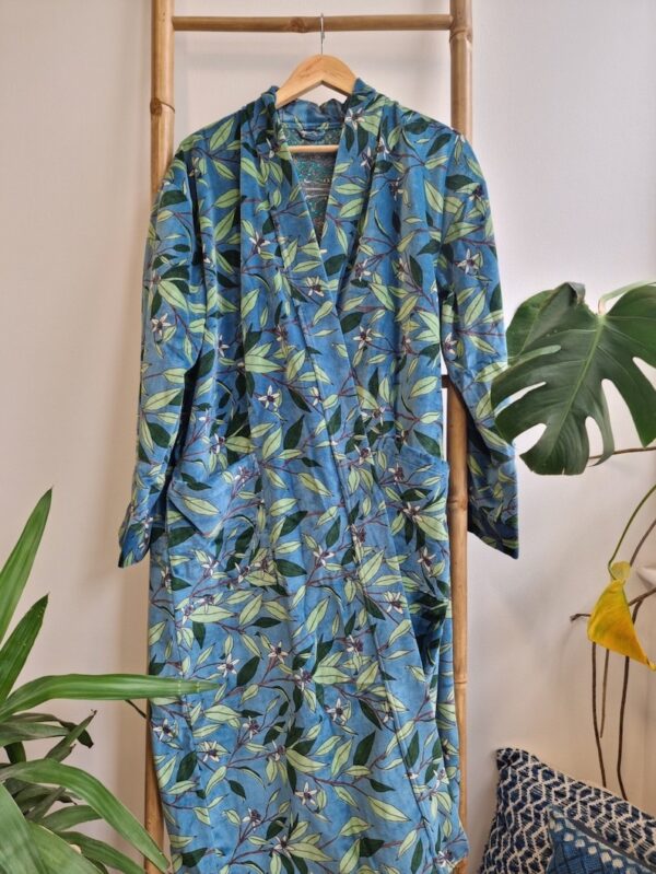 Luxury Velvet House Robe Unisex Kimono Boho Jacket Reversible Indian Silk Lined Autumn Winter Christmas Gift Elegant Steel Blue Green Leaves