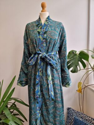 Luxury Velvet House Robe Unisex Kimono Boho Jacket Reversible Indian Silk Lined Autumn Winter Christmas Gift Elegant Steel Blue Green Leaves - Image 10