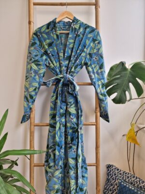 Luxury Velvet House Robe Unisex Kimono Boho Jacket Reversible Indian Silk Lined Autumn Winter Christmas Gift Elegant Steel Blue Green Leaves - Image 2
