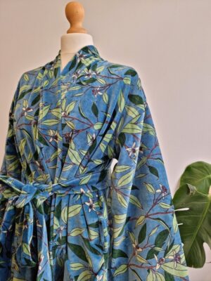 Luxury Velvet House Robe Unisex Kimono Boho Jacket Reversible Indian Silk Lined Autumn Winter Christmas Gift Elegant Steel Blue Green Leaves - Image 3