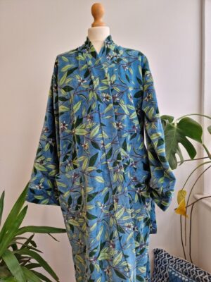 Luxury Velvet House Robe Unisex Kimono Boho Jacket Reversible Indian Silk Lined Autumn Winter Christmas Gift Elegant Steel Blue Green Leaves - Image 4