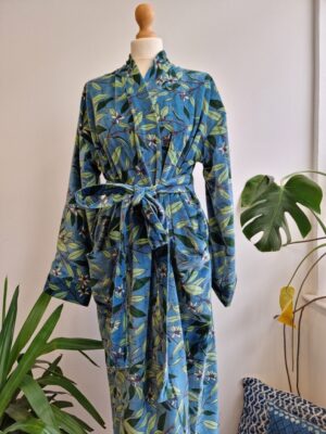 Luxury Velvet House Robe Unisex Kimono Boho Jacket Reversible Indian Silk Lined Autumn Winter Christmas Gift Elegant Steel Blue Green Leaves - Image 5