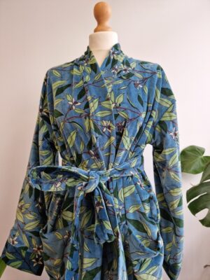 Luxury Velvet House Robe Unisex Kimono Boho Jacket Reversible Indian Silk Lined Autumn Winter Christmas Gift Elegant Steel Blue Green Leaves - Image 6