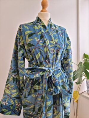 Luxury Velvet House Robe Unisex Kimono Boho Jacket Reversible Indian Silk Lined Autumn Winter Christmas Gift Elegant Steel Blue Green Leaves - Image 7