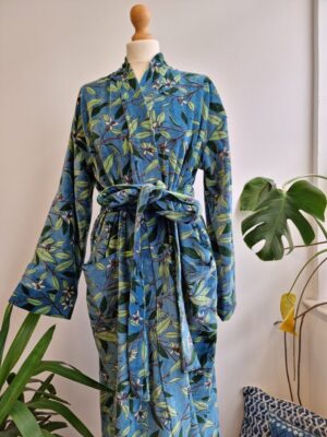 Luxury Velvet House Robe Unisex Kimono Boho Jacket Reversible Indian Silk Lined Autumn Winter Christmas Gift Elegant Steel Blue Green Leaves - Image 8
