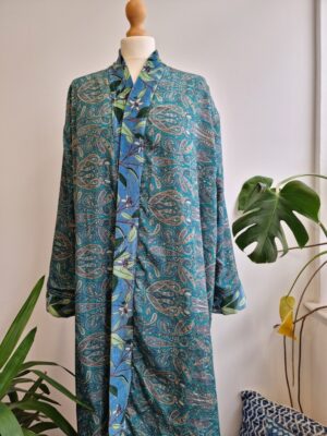 Luxury Velvet House Robe Unisex Kimono Boho Jacket Reversible Indian Silk Lined Autumn Winter Christmas Gift Elegant Steel Blue Green Leaves - Image 9