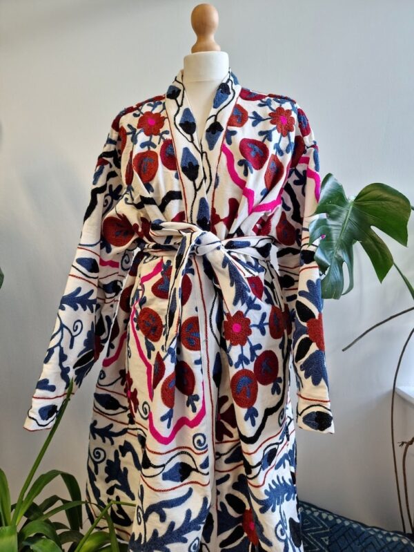 Suzani Hand Embroidered Long Jacket | Autumn Winter Boho Uzbek Kashmir Crewel | Christmas Special Gift | Classic White Plum Pink Blue |