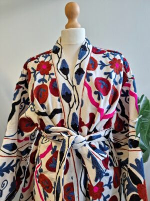 Suzani Hand Embroidered Long Jacket | Autumn Winter Boho Uzbek Kashmir Crewel | Christmas Special Gift | Classic White Plum Pink Blue | - Image 2