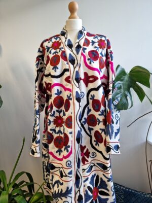 Suzani Hand Embroidered Long Jacket | Autumn Winter Boho Uzbek Kashmir Crewel | Christmas Special Gift | Classic White Plum Pink Blue | - Image 6