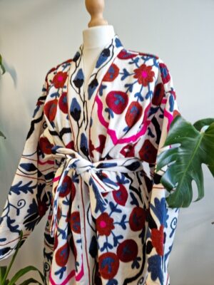 Suzani Hand Embroidered Long Jacket | Autumn Winter Boho Uzbek Kashmir Crewel | Christmas Special Gift | Classic White Plum Pink Blue | - Image 7