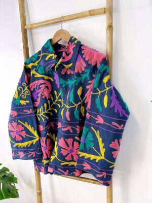 Suzani Hand Embroidered Unisex Bolero Short Jacket Spring Boho Kashmir Crewel Special Love Gift | Quirky Blue Peach Aqua Yellow Festival - Image 3