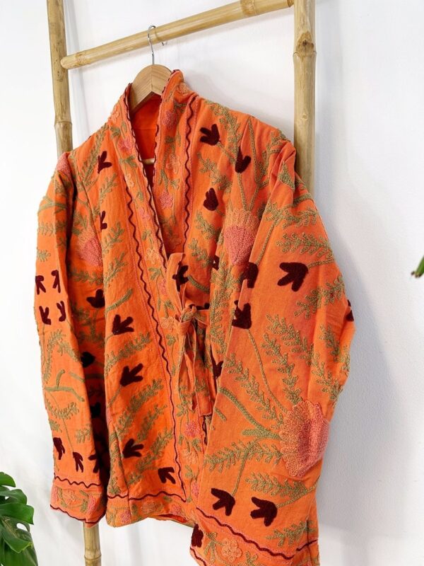 Suzani Hand Embroidered Short Bolero Front Tie Jacket | Boho Gypsy Kashmir Crewel Love Special Gift | Orange Crush Passion Gardenia Spring