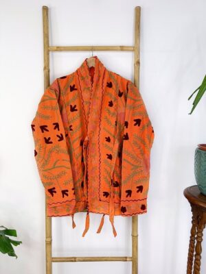 Suzani Hand Embroidered Short Bolero Front Tie Jacket | Boho Gypsy Kashmir Crewel Love Special Gift | Orange Crush Passion Gardenia Spring - Image 2