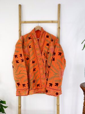 Suzani Hand Embroidered Short Bolero Front Tie Jacket | Boho Gypsy Kashmir Crewel Love Special Gift | Orange Crush Passion Gardenia Spring - Image 4