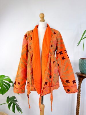 Suzani Hand Embroidered Short Bolero Front Tie Jacket | Boho Gypsy Kashmir Crewel Love Special Gift | Orange Crush Passion Gardenia Spring - Image 5