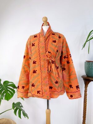Suzani Hand Embroidered Short Bolero Front Tie Jacket | Boho Gypsy Kashmir Crewel Love Special Gift | Orange Crush Passion Gardenia Spring - Image 6