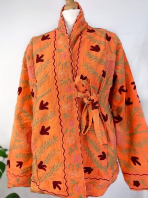 Suzani Hand Embroidered Short Bolero Front Tie Jacket | Boho Gypsy Kashmir Crewel Love Special Gift | Orange Crush Passion Gardenia Spring - Image 7