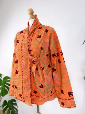 Suzani Hand Embroidered Short Bolero Front Tie Jacket | Boho Gypsy Kashmir Crewel Love Special Gift | Orange Crush Passion Gardenia Spring - Image 8