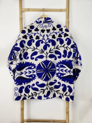 Suzani Hand Embroidered Short Jacket | Autumn Winter Boho Uzbek Kashmir Crewel | Christmas Special Gift | Classic Elegant White Voilet Blue - Image 3