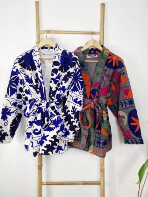 Suzani Hand Embroidered Short Jacket | Autumn Winter Boho Uzbek Kashmir Crewel | Christmas Special Gift | Classic Elegant White Voilet Blue - Image 4