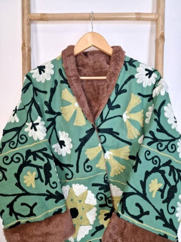 Suzani Hand Embroidered Unisex Short Jacket Warm Lined Boho Gypsy Crewel | Special Love Valentine Gift Elegant | Slated Green Black White