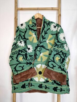 Suzani Hand Embroidered Unisex Short Jacket Warm Lined Boho Gypsy Crewel | Special Love Valentine Gift Elegant | Slated Green Black White - Image 2