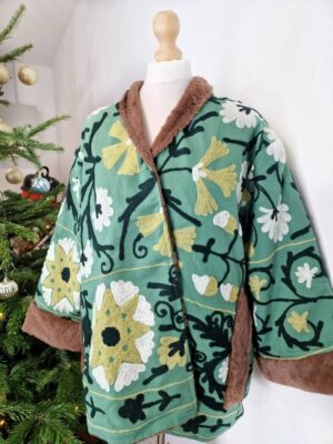 Suzani Hand Embroidered Unisex Short Jacket Warm Lined Boho Gypsy Crewel | Special Love Valentine Gift Elegant | Slated Green Black White - Image 3