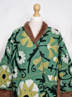 Suzani Hand Embroidered Unisex Short Jacket Warm Lined Boho Gypsy Crewel | Special Love Valentine Gift Elegant | Slated Green Black White - Image 5