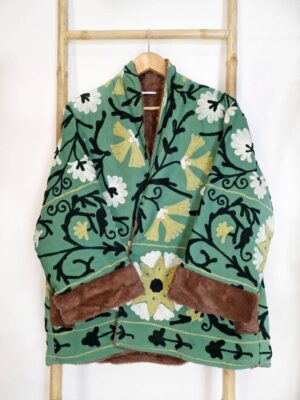 Suzani Hand Embroidered Unisex Short Jacket Warm Lined Boho Gypsy Crewel | Special Love Valentine Gift Elegant | Slated Green Black White - Image 6