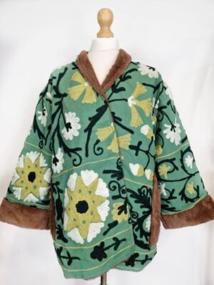 Suzani Hand Embroidered Unisex Short Jacket Warm Lined Boho Gypsy Crewel | Special Love Valentine Gift Elegant | Slated Green Black White - Image 7