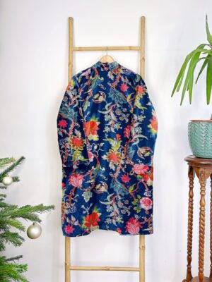 Luxury Velvet House Knee Short Robe Unisex Kimono Boho Jacket Reversible Indian Art Silk Quirky Autumn Winter Gift Rich Blue Exotic Forest - Image 2