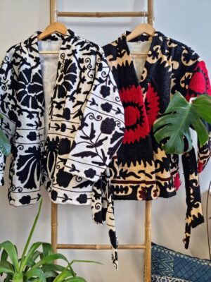 Suzani Hand Embroidered Short Jacket | Autumn Winter Boho Uzbek Kashmir Crewel | Christmas Special Gift | Classic Elegant Beige Black Red | - Image 2